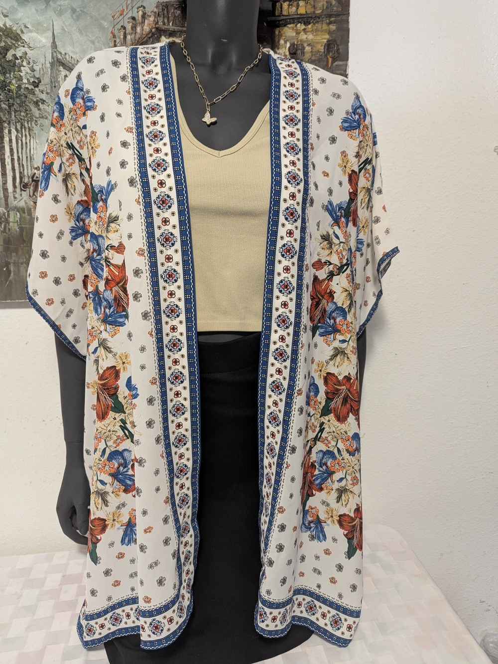 Floral Print Open-Front Kimono Jacket - White with Blue & Rust